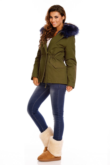 Parka avec fourrure kaki-bleu foncé