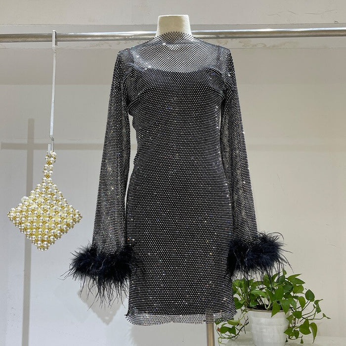 Robe strass transparent avec plumes noir