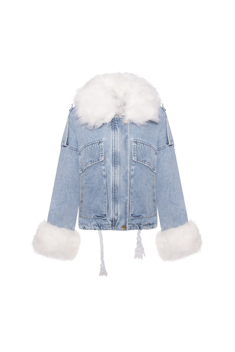 Veste en jean avec fausse fourrure style oversize bleu clair blanc