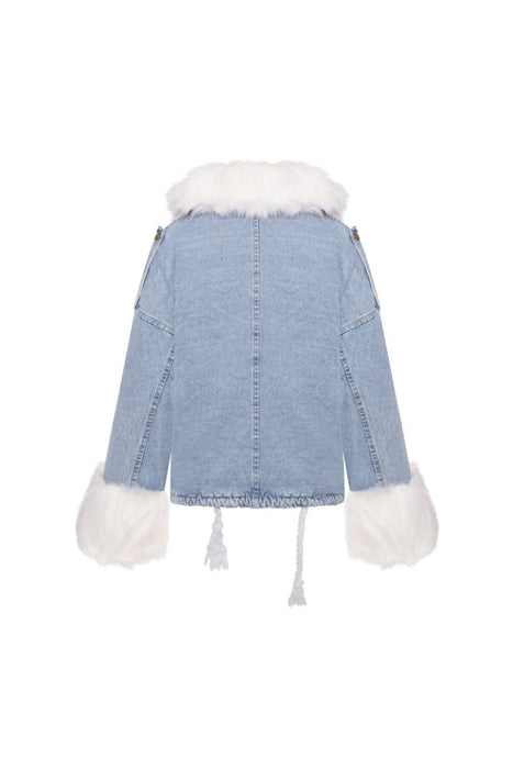 Veste en jean avec fausse fourrure style oversize bleu clair blanc