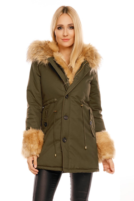 Veste d'hiver parka avec fausse fourrure beige kaki