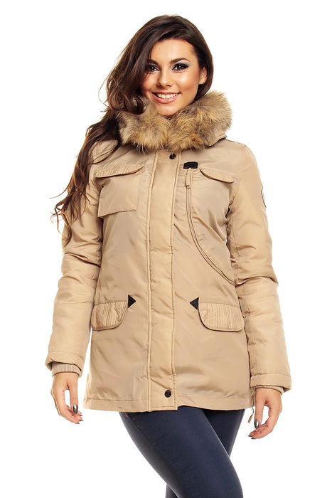 Veste d'hiver avec vraie fourrure beige