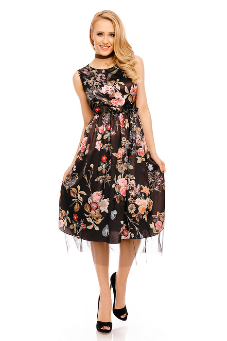 Etui Cocktail Kleid im Peticoat Stil Flower Print Schwarz-Mulicolor