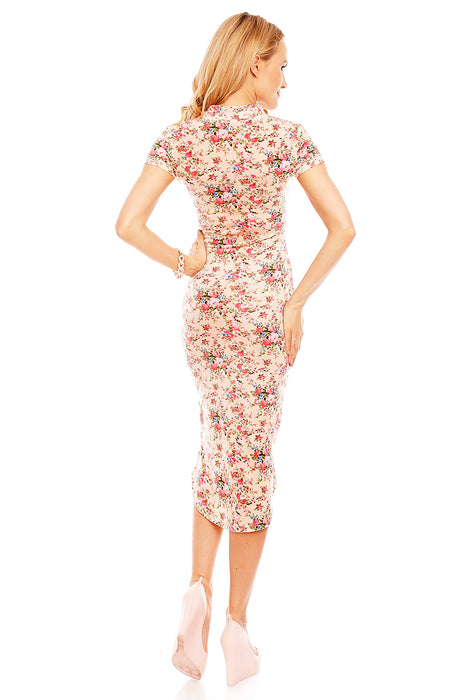 Robe midi imprimé fleurs style moulante rose-multi