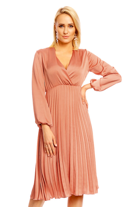 Robe midi plissée col V manches longues doré