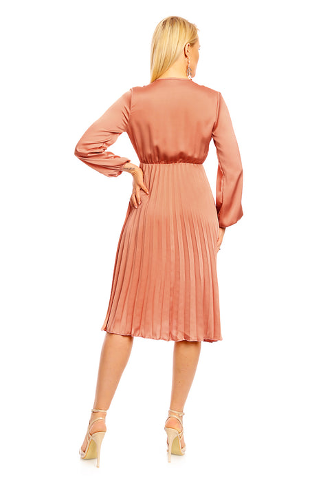 Robe midi plissée col V manches longues doré