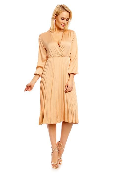 Robe midi plissée col V manches longues doré