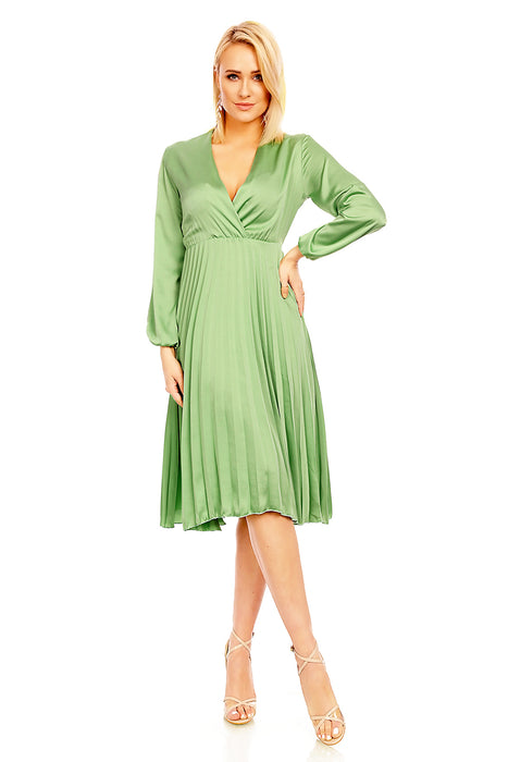 Robe midi plissée col V manches longues menthe